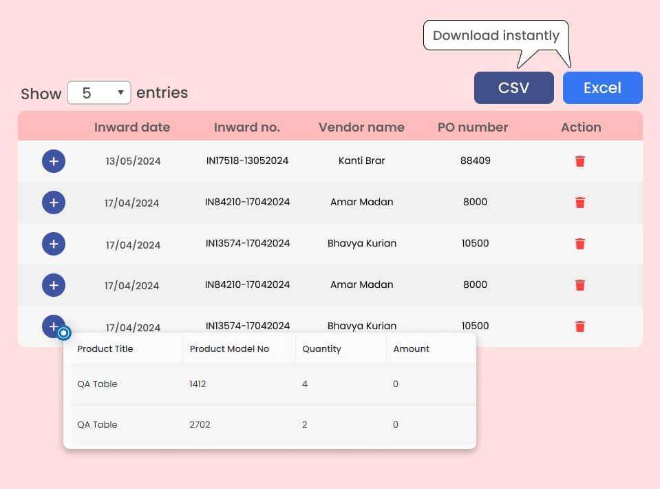 Vendor Wise Inward Entries