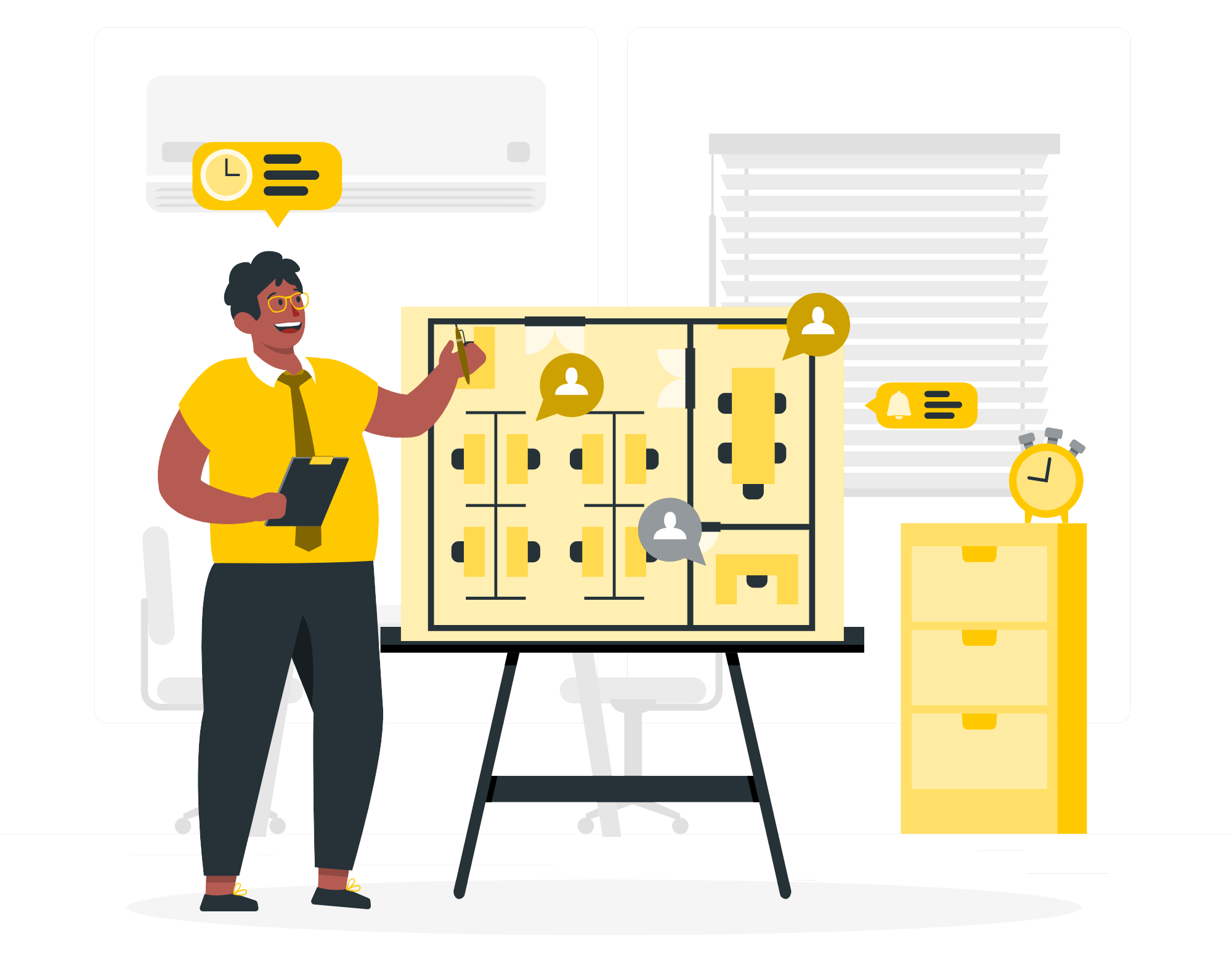 A cheerful man in a yellow shirt and black glasses presenting a board with various lock icons, seemingly giving a lecture or presentation in an office setting; digital speech bubbles with icons suggest discussion about security or logistics define comprehensive functionality in the Tanyo CRM webiste.