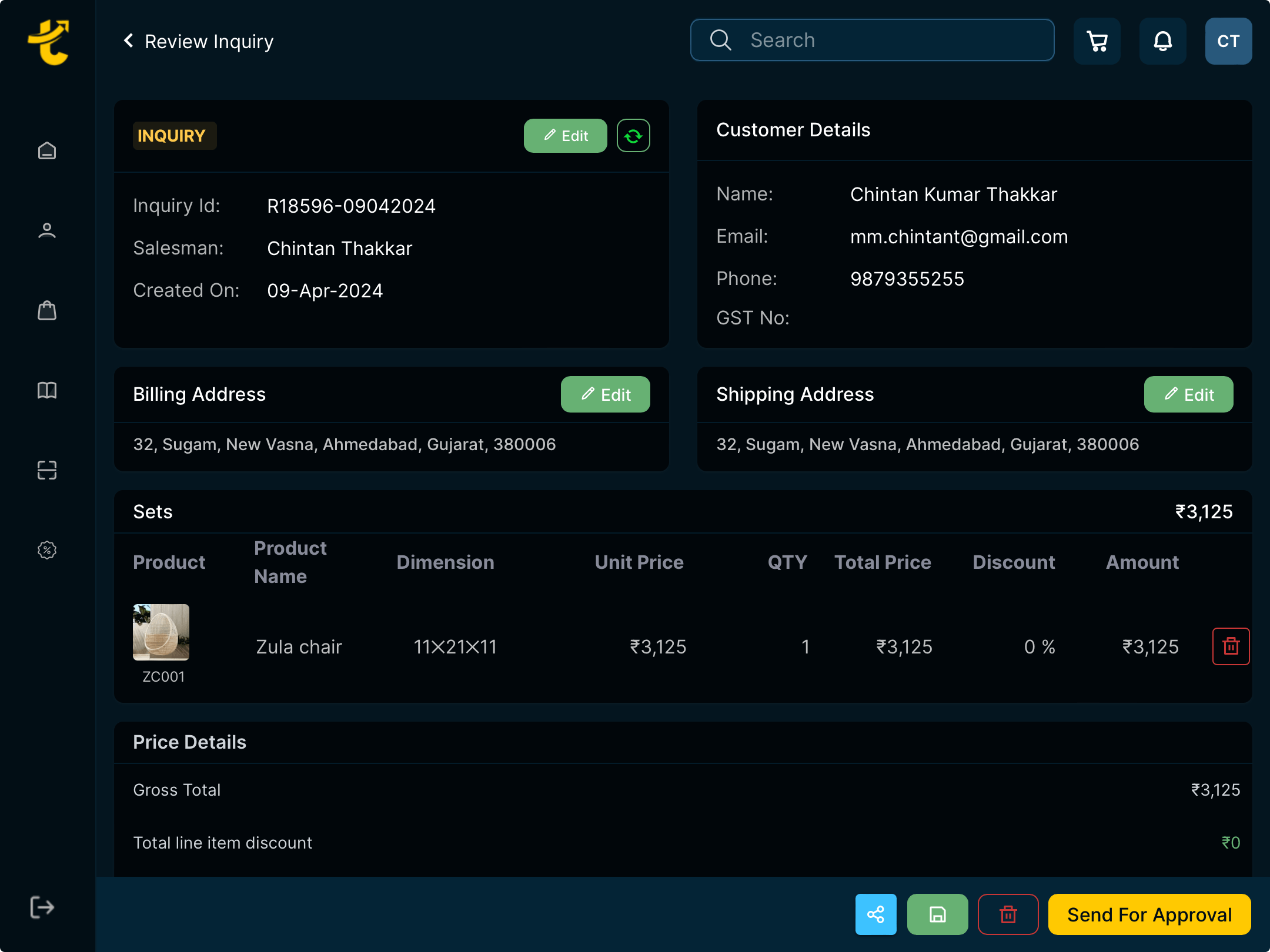 Tanyo CRM create new order Industry Page screen of a business software interface displaying an inquiry review. It includes sections for inquiry ID, salesman details, customer details including email and phone, billing and shipping addresses in Ahmedabad, Gujarat, and product details featuring a Zula chair with dimensions and price. There's also a section detailing the price including discounts and total amount, with a button option to 'Send For Approval'.