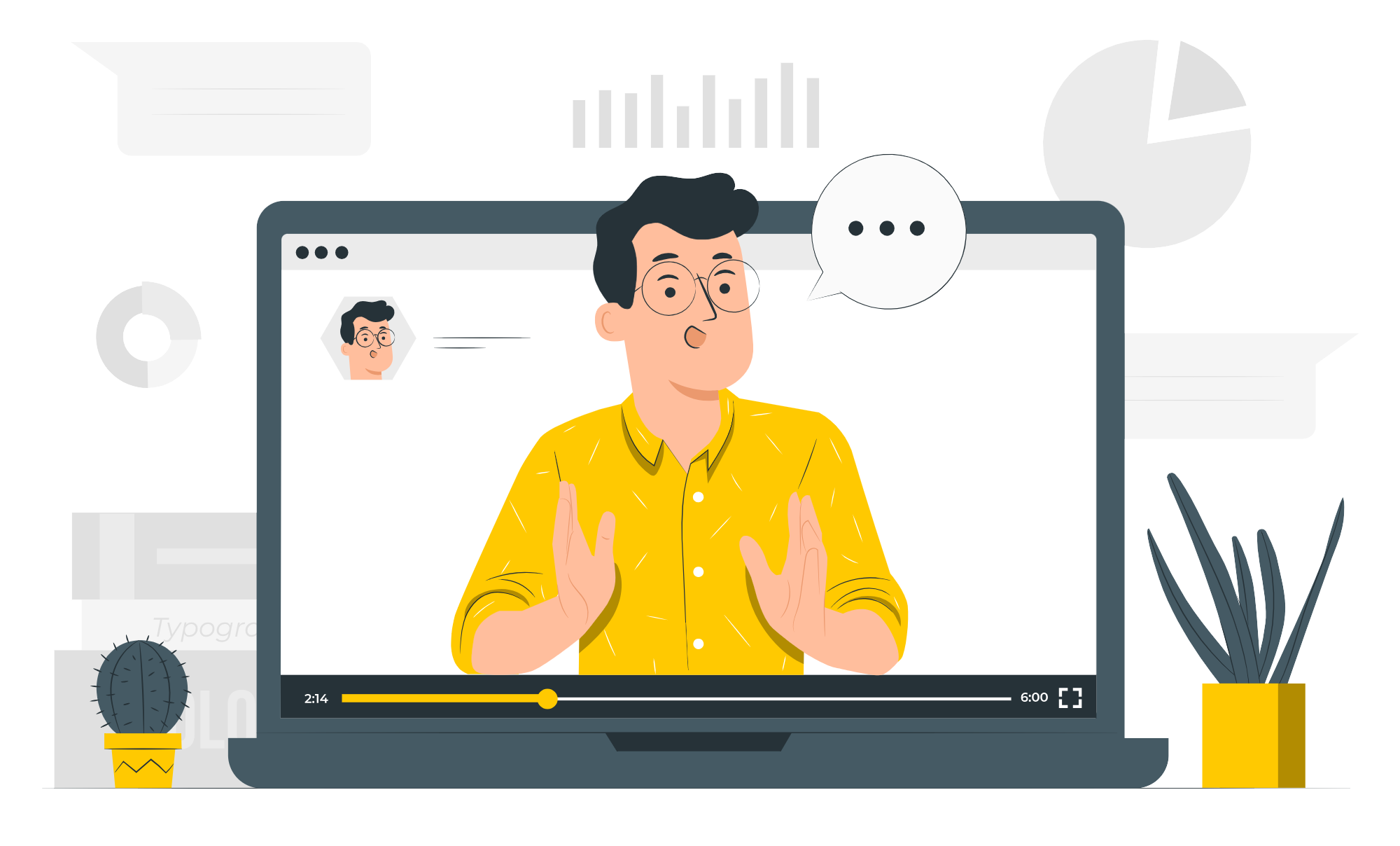 A flat design illustration of a video call interface with a man in a yellow shirt engaging in an animated discussion. The laptop screen displays multiple interface icons, a speech bubble, and small infographic elements in the background, accompanied by a plant in a yellow pot and some office supplies next to the laptop define experience and expertise in the Tanyo CRM webiste.