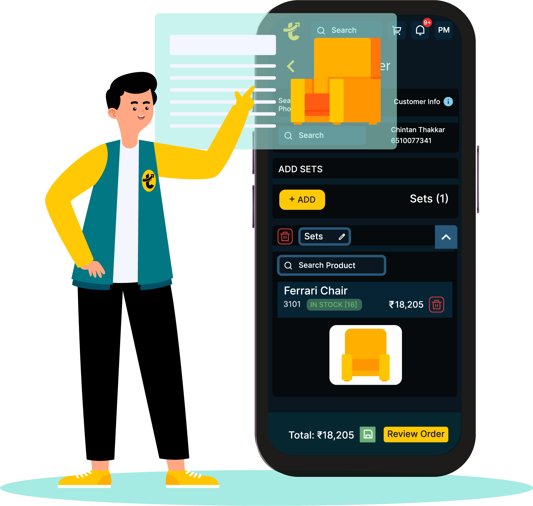 A flat design illustration of a video call interface with a man in a yellow shirt engaging in an animated discussion. The laptop screen displays multiple interface icons, a speech bubble, and small infographic elements in the background, accompanied by a plant in a yellow pot and some office supplies next to the laptop define experience and expertise in the Tanyo CRM webiste.