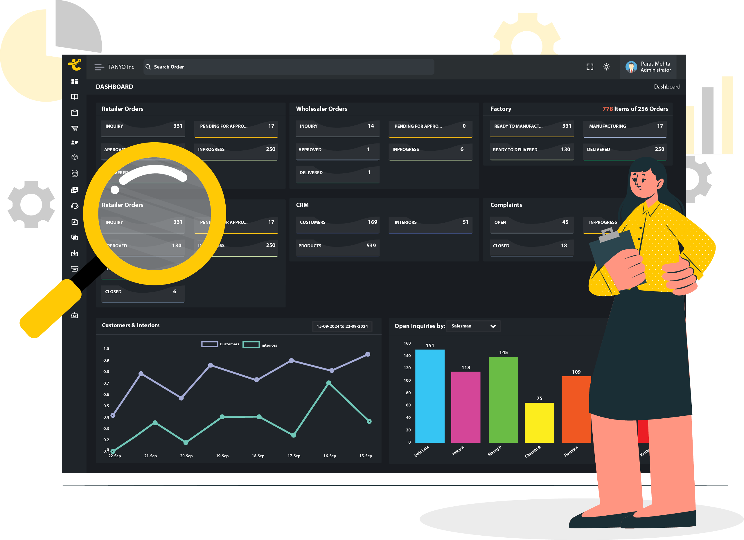 Illustration of a young man with glasses, seated cross-legged and using a laptop, surrounded by oversized symbols of web development such as floating interface windows, code brackets, and gears, in a monochrome yellow and gray color scheme define seamles integration in the Tanyo CRM webiste.