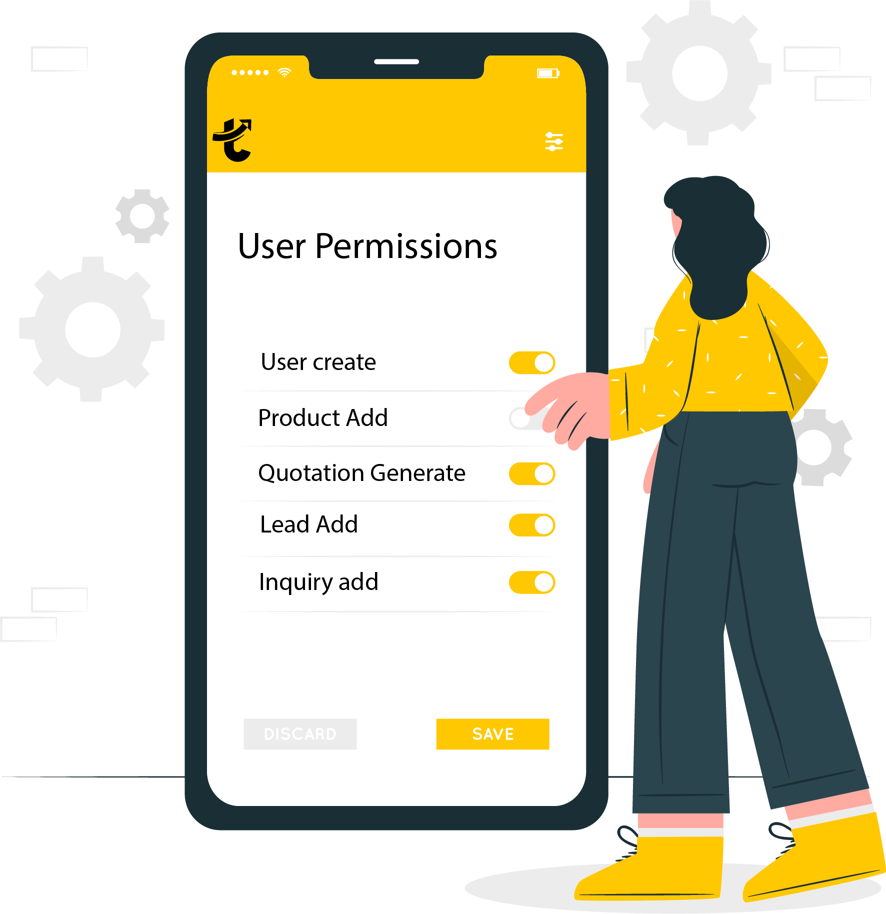 A cheerful man in a yellow shirt and black glasses presenting a board with various lock icons, seemingly giving a lecture or presentation in an office setting; digital speech bubbles with icons suggest discussion about security or logistics define comprehensive functionality in the Tanyo CRM webiste.