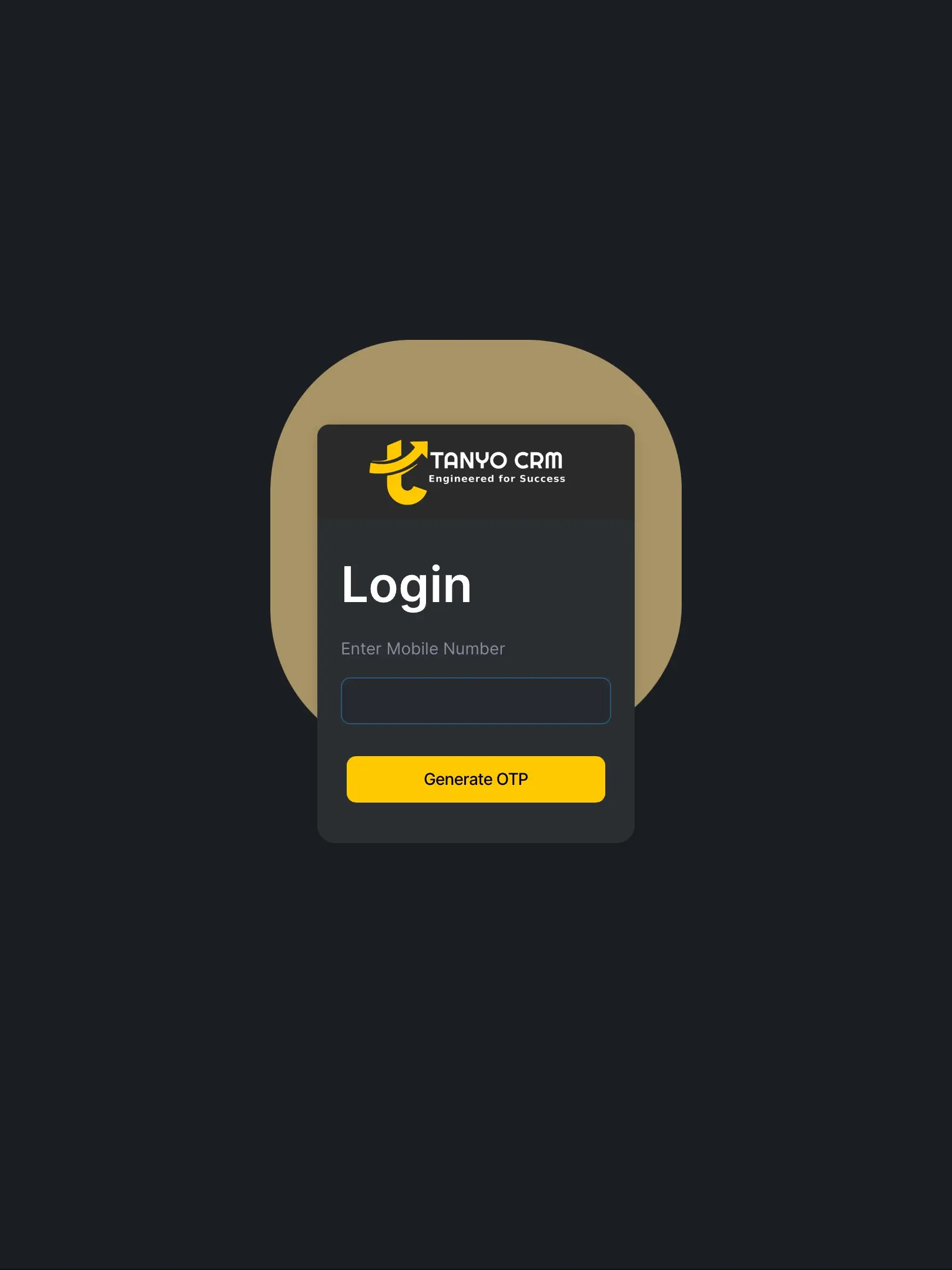 Tanyo CRM ipad login screen with a field to enter mobile number and a button to generate OTP.