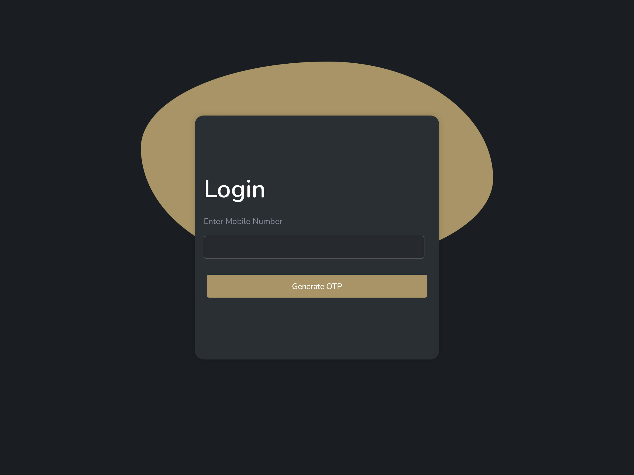 Tanyo CRM webiste login interface with a text field for entering a mobile number and a button that says 'Generate OTP'. The interface has a dark background with a beige oval shape behind it.