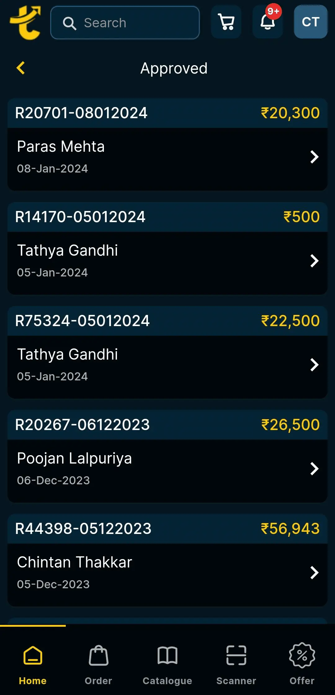 Tanyo CRM mobile app screen showing a list of approved transactions with reference numbers, names of recipients, dates, and amounts in Indian Rupees.