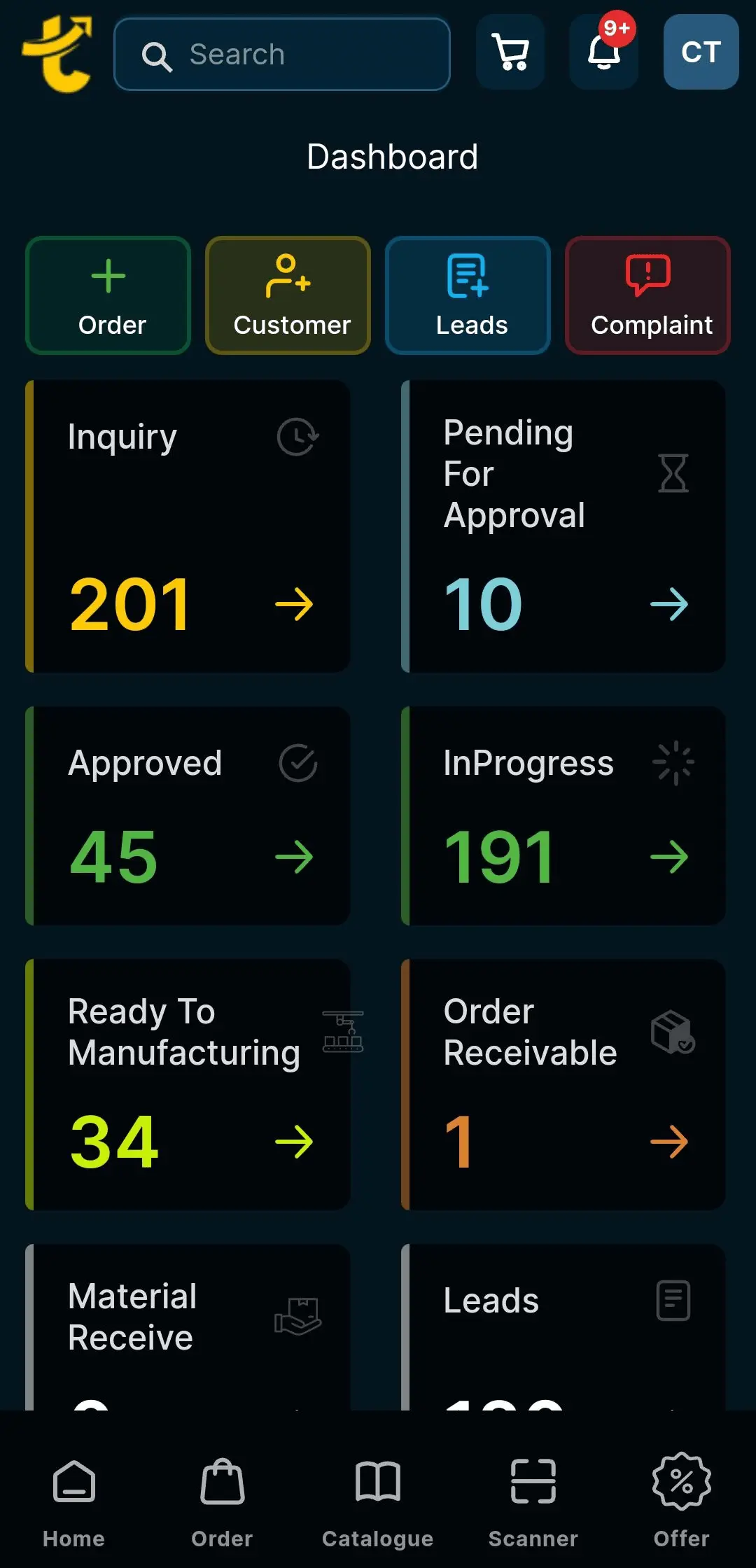 Tanyo CRM ipad dashboard screen displaying various business metrics with a count of such as Inquiry, Pending For Approval, Approved, InProgress, Order Receivable, Material Receive, Leads and Complaint with arrow icons pointing to the right next to each metric.