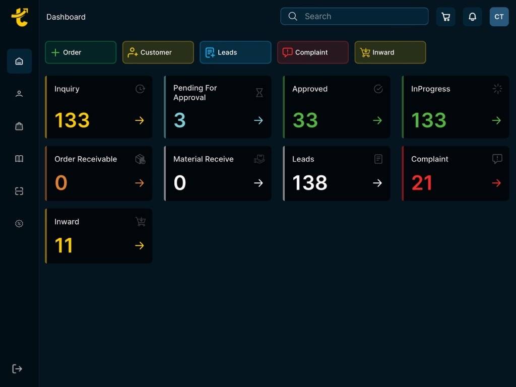 Tanyo CRM mobile Dashboard Screen  capture of a dark-themed business dashboard showing various workflow stages with numerical indicators, including sections labeled 'Inquiry,' 'Pending For Approval,' 'Approved,' 'InProgress,' 'Order Receivable,' 'Material Receive,' 'Leads,' and 'Complaint.' Each section displays count values and directional arrows indicating workflow progression.