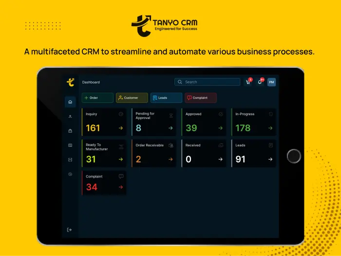 Digital tablet displaying a CRM dashboard for Tanoyo CRM with various business process metrics including inquiries, pending approvals, orders, and complaints, highlighted against a bright yellow background with promotional text.