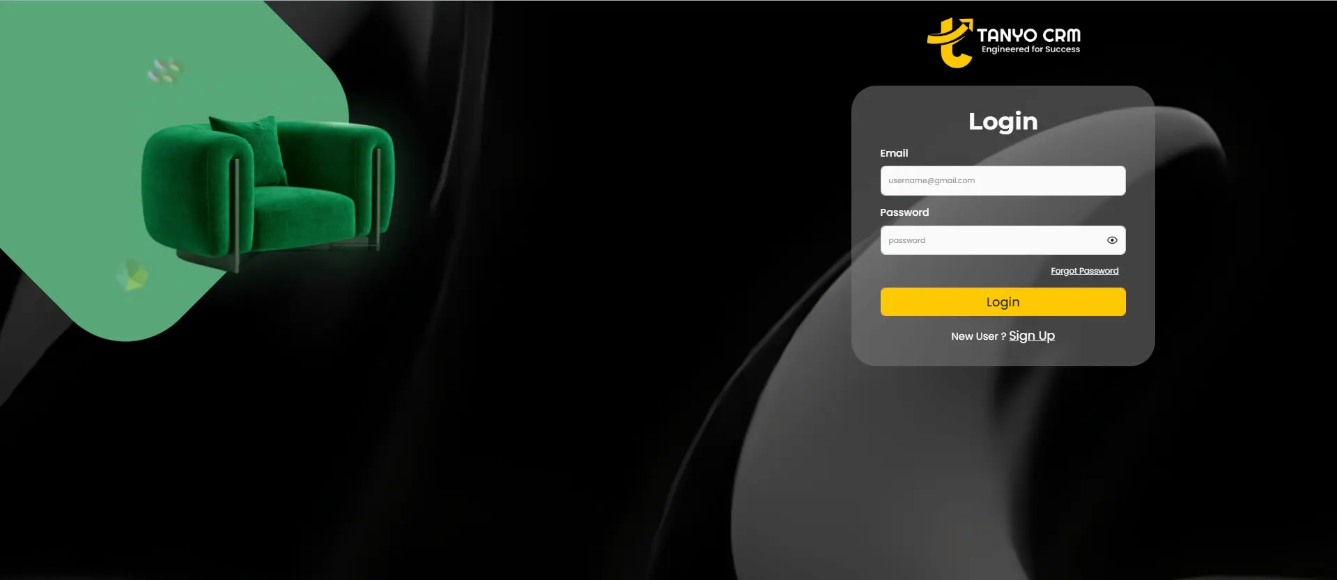 A login screen for Tanyo CRM with input fields for email and password and buttons for login, forgot password, and sign up. On the left side, there is a green couch with abstract shapes in the background on a black and green gradient.